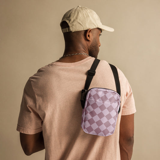 Purple Diamond Checkerboard Pattern Small Canvas Utility Crossbody Bag. The perfect small camera or phone tote bag. A great hands free option for parades, hiking, mardi gras or the amusement park. Its a great holiday gift idea for adults, kids, teens or tweens. By jaecrece