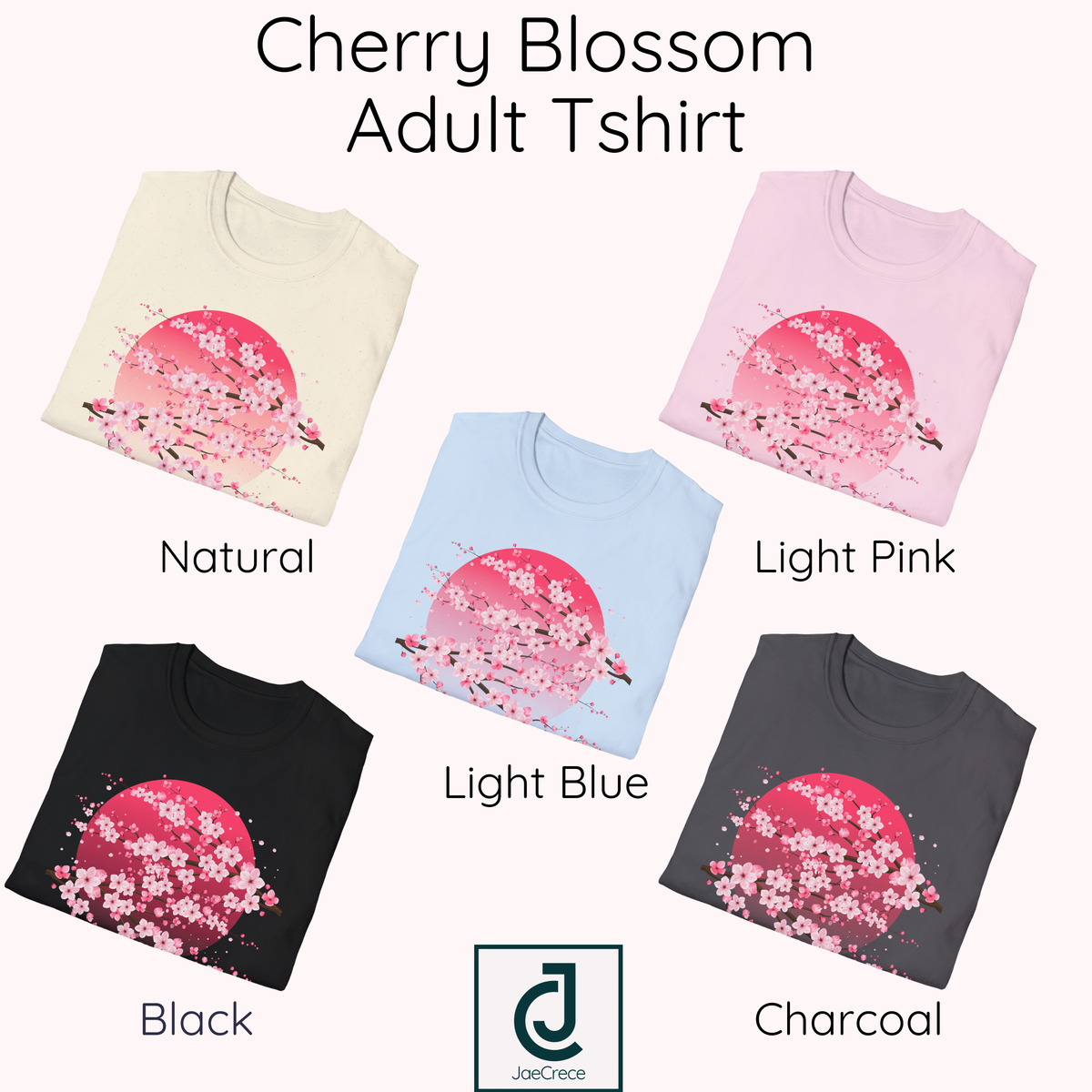 Cherry blossom shirt for women featuring a detailed pink sakura floral design with a moon inspired background. This Japanese aesthetic graphic tee has a soft feel and relaxed unisex fit, making it easy to style year round. Available in Natural, Light Pink, Light Blue, Black and Charcoal.