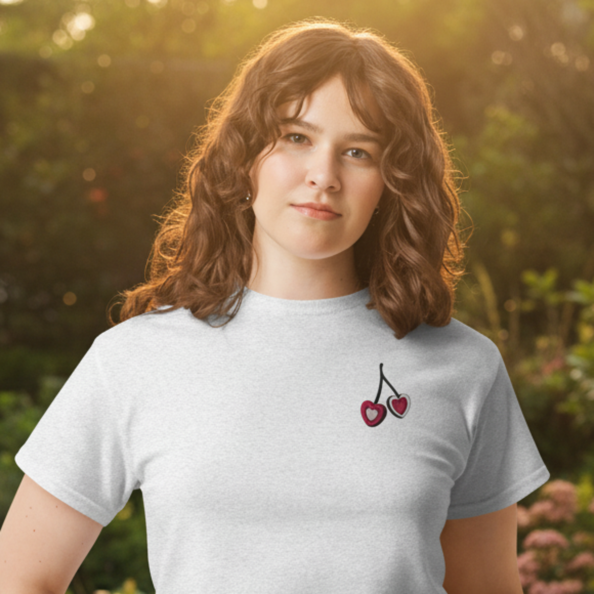 A woman modeling a light gray crewneck t-shirt with a small red and black cherry heart embroidery on the left chest.