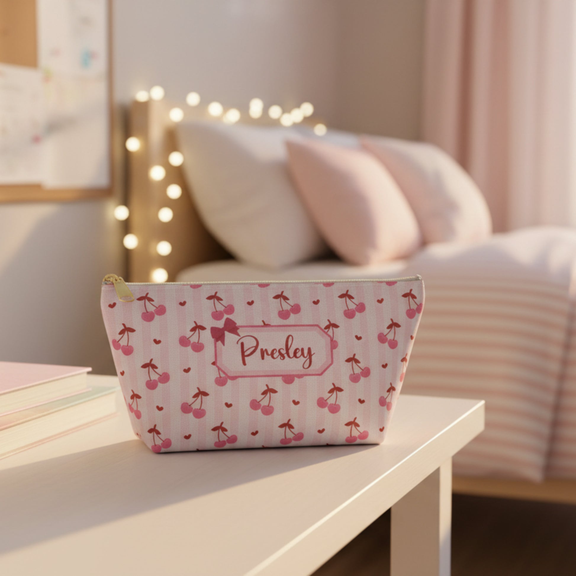 Cherry print makeup bag with custom personalization and feminine coquette inspired details. This soft pink cosmetic pouch includes vibrant red cherries, heart accents, a white zipper closure with gold pull, and spacious T bottom construction for organizing makeup, skincare, toiletries, chargers, and small accessories. Cute aesthetic travel pouch perfect for bridesmaid gifts, birthday presents, stocking stuffers, teacher gifts, dance competitions, vacations, and everyday organization with Free U.S. Shipping.
