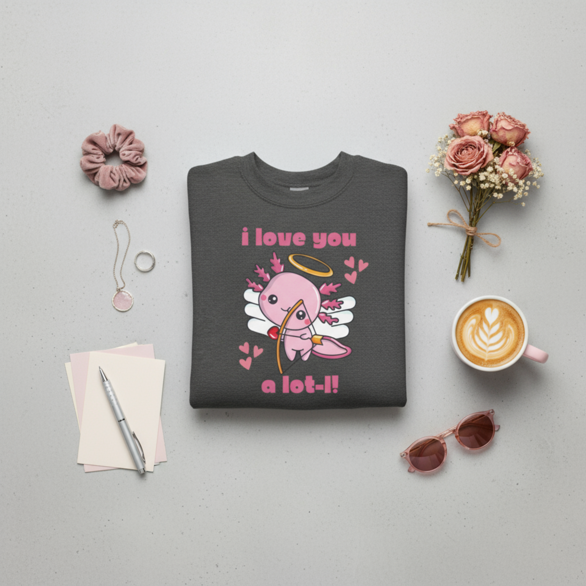 Axolotl Love Child Sweatshirt, Pink Animal Cupid Love Sweater. This Valentines Day kids pullover has a cute Mexican Salamander Axolotl Cupid with the text I Love you a Lot-L. Perfect gift for animal lover. Available in gray black white, by jaecrece