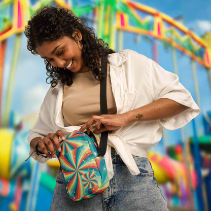 Colorful utility crossbody bag featuring a vibrant stars and rainbow swirls pattern on durable canvas style fabric. This compact everyday carry bag includes multiple pockets, an adjustable strap, and a secure zipper closure. Perfect for festivals, concerts, travel, theme parks, errands, and daily outings. A bright rainbow aesthetic crossbody bag designed to hold essentials like phone, wallet, and keys while adding a bold colorful statement to any outfit.