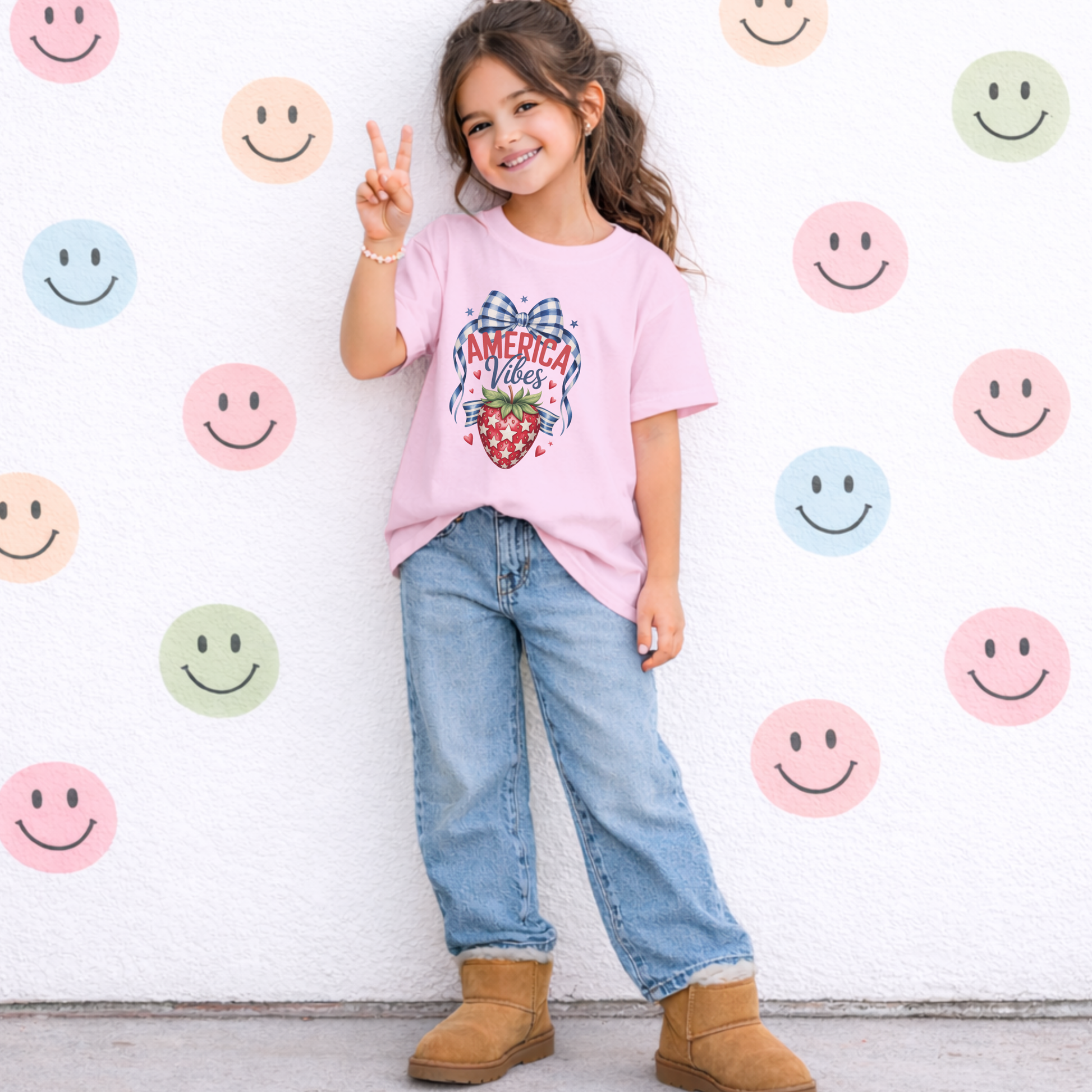 Comfort Colors girls patriotic strawberry t shirt in blossom pink featuring hand drawn strawberry artwork with gingham bow stars and heart accents inspired by America 250 and the 250th anniversary of the United States. Soft relaxed fit youth cotton tee ideal for 4th of July celebrations mommy and me matching outfits summer vacations patriotic family gatherings and vintage Americana kids fashion