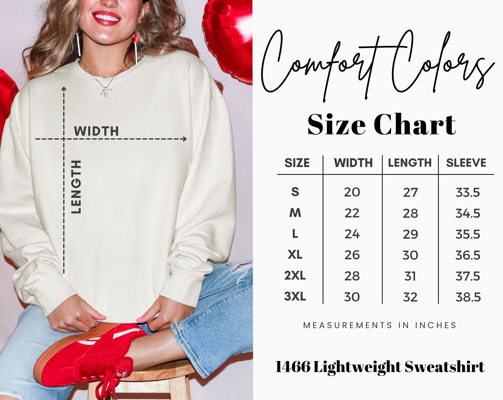 Comfort colors 1466 lightweight sweatshirt size chart. Sizes S M L XL 2XL and 3XL