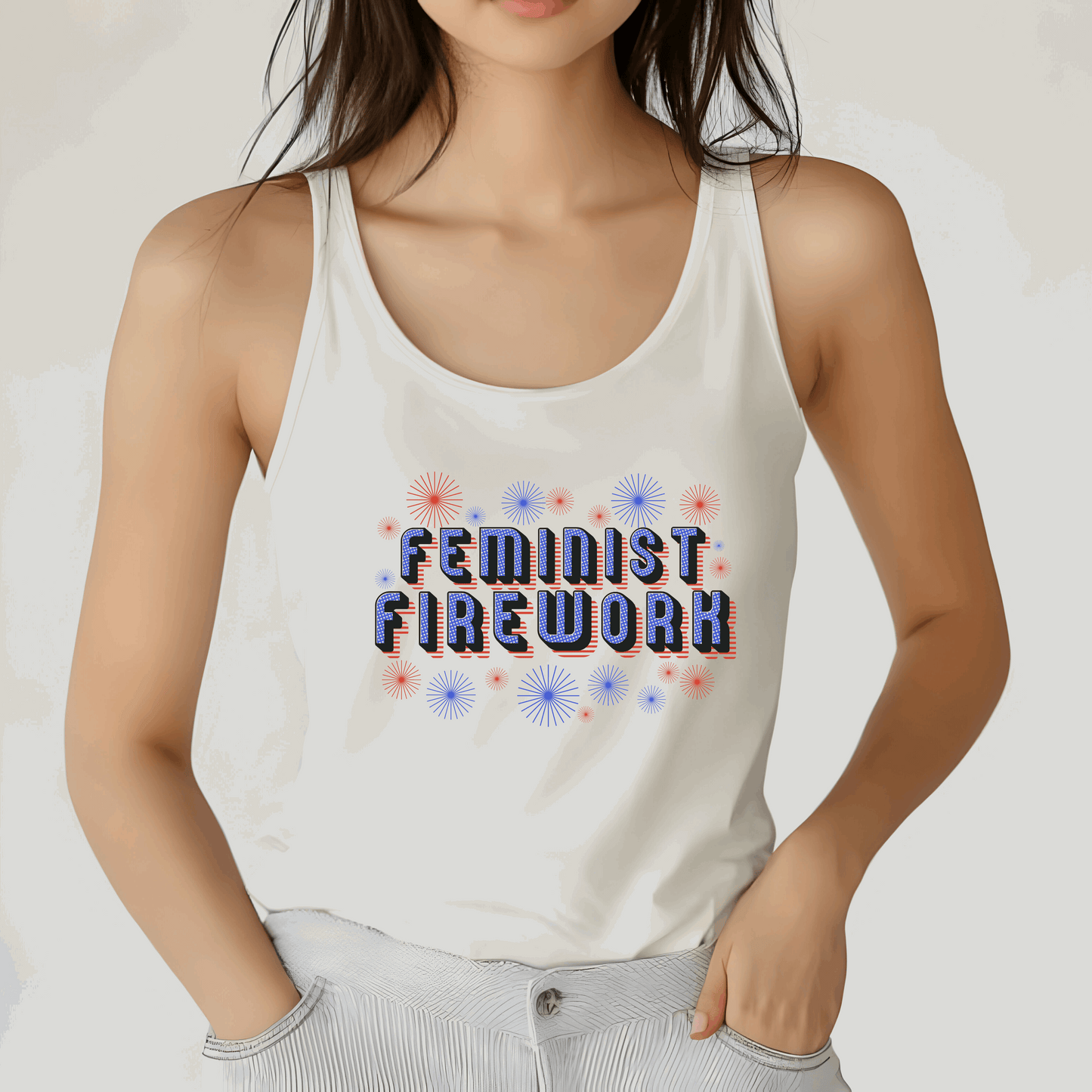 Comfort Colors Feminist Firework tank top with vintage-inspired red, white, and blue lettering and a firework graphic to celebrate freedom and feminism. Perfect for summer marches, parades, or backyard barbecues, this activist tank is a stylish way to support women’s rights. Lightweight and soft with a relaxed fit, it’s a favorite for Pride Month, July 4th, or everyday statement outfits.