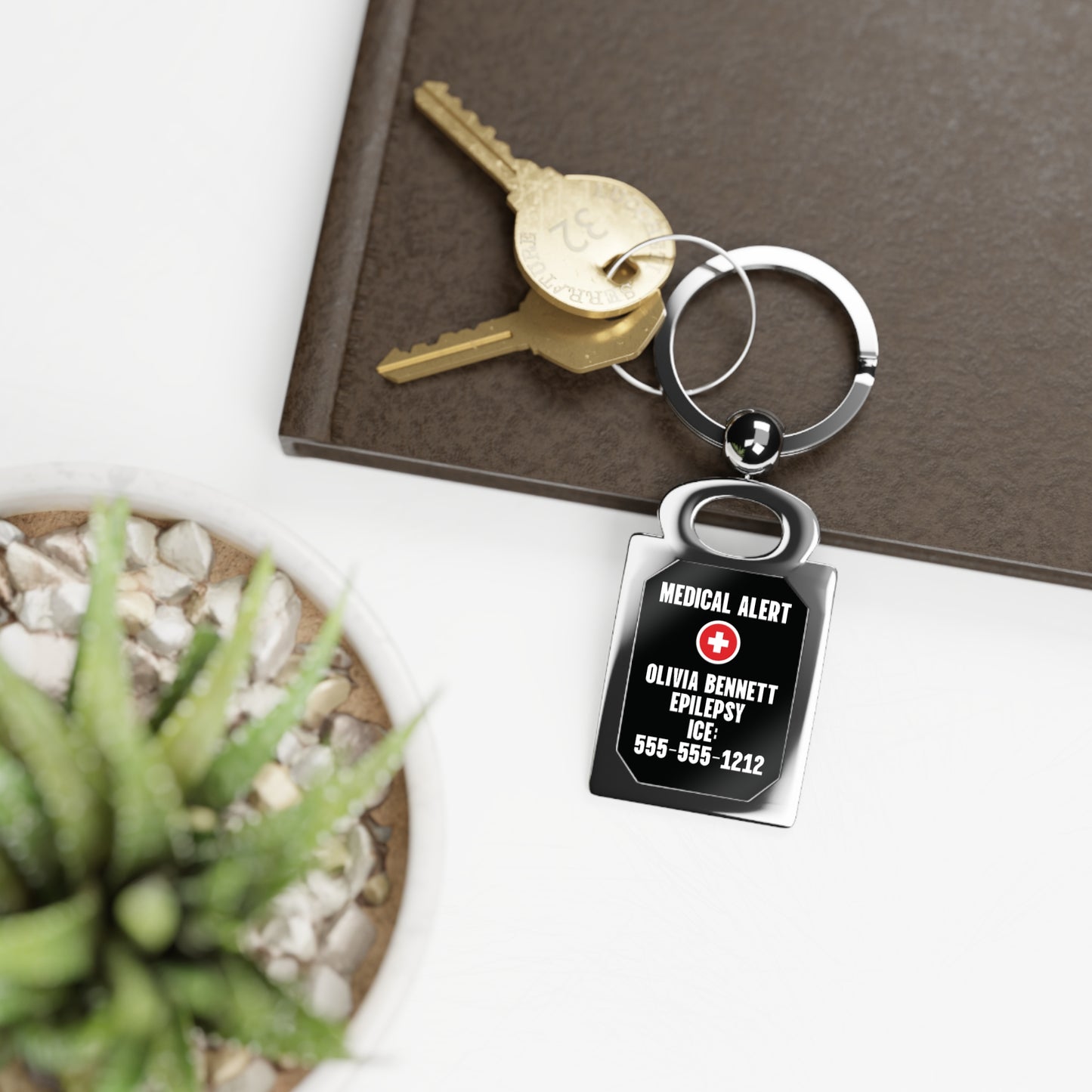 Red Medical Alert Cross Rectangle Keyring — Personalized Type 1 Diabetes ID Keychain (Includes ICE Emergency Number)