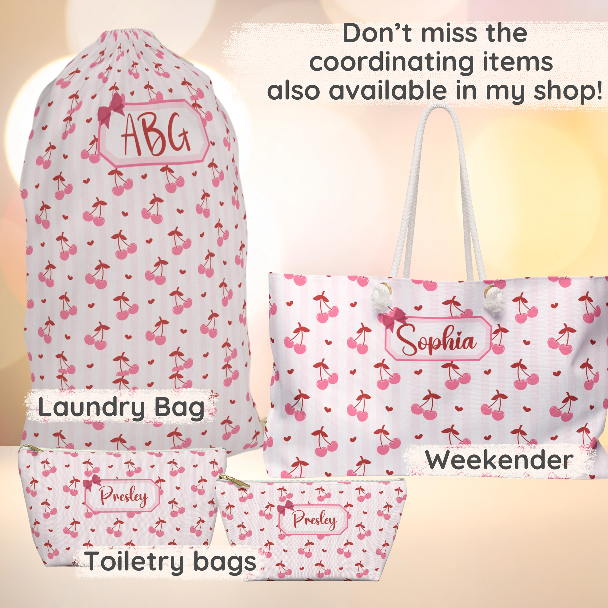 image featuring the personalized coquette cherry weekender bag alongside the coordinating toiletry bags and matching personalized laundry bag, creating a complete travel set for stylish organization. The matching cherry print and custom name personalization tie the collection together, making it perfect for vacations, girls trips, college move in, sleepovers, and weekend getaways. Designed to keep clothing, cosmetics, and essentials neatly organized, this coordinated travel accessory set makes a thoughtful 