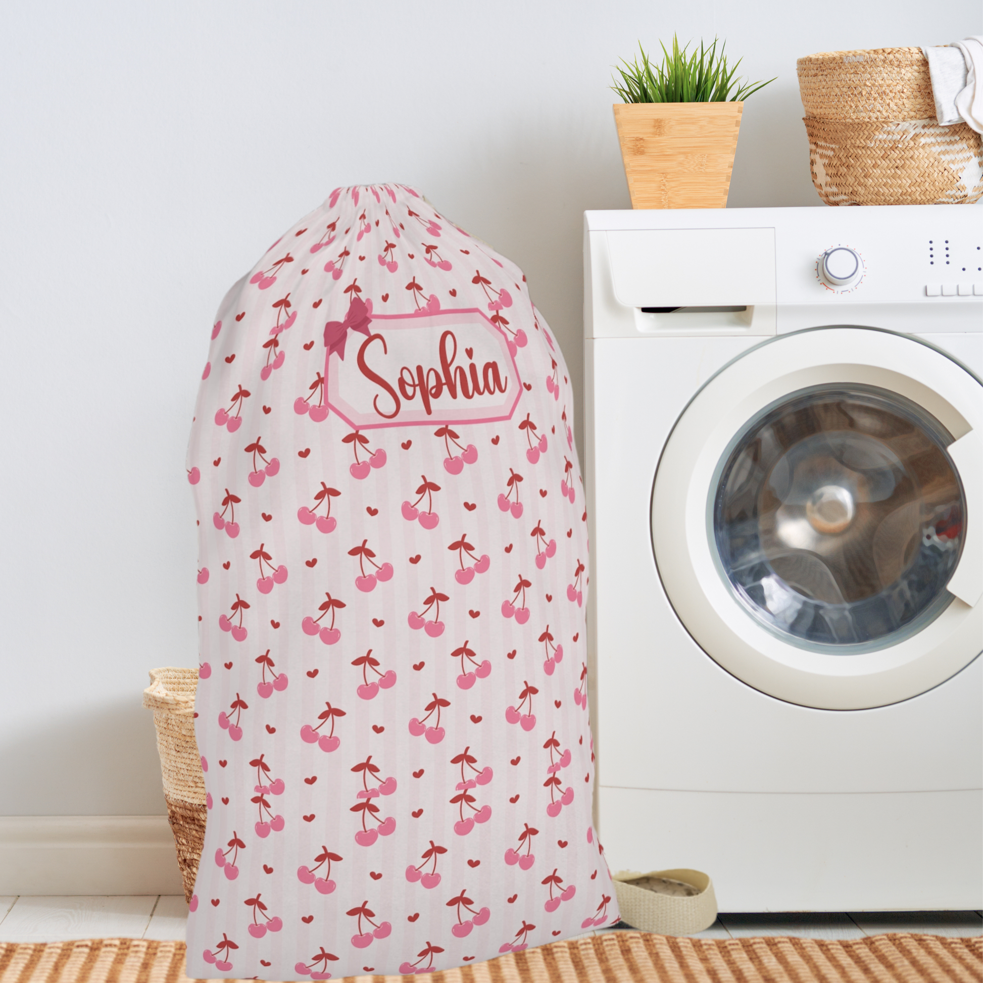 Spacious personalized coquette cherry laundry bag with a durable drawstring closure and adorable cherry print. Designed for carrying laundry, towels, and other essentials, this custom bag works well for dorm rooms, camp cabins, family vacations, cruises, and sports tournaments. The personalized design creates a unique accessory that coordinates with matching travel bags and makes a practical gift for daughters, teens, college students, and frequent travelers.