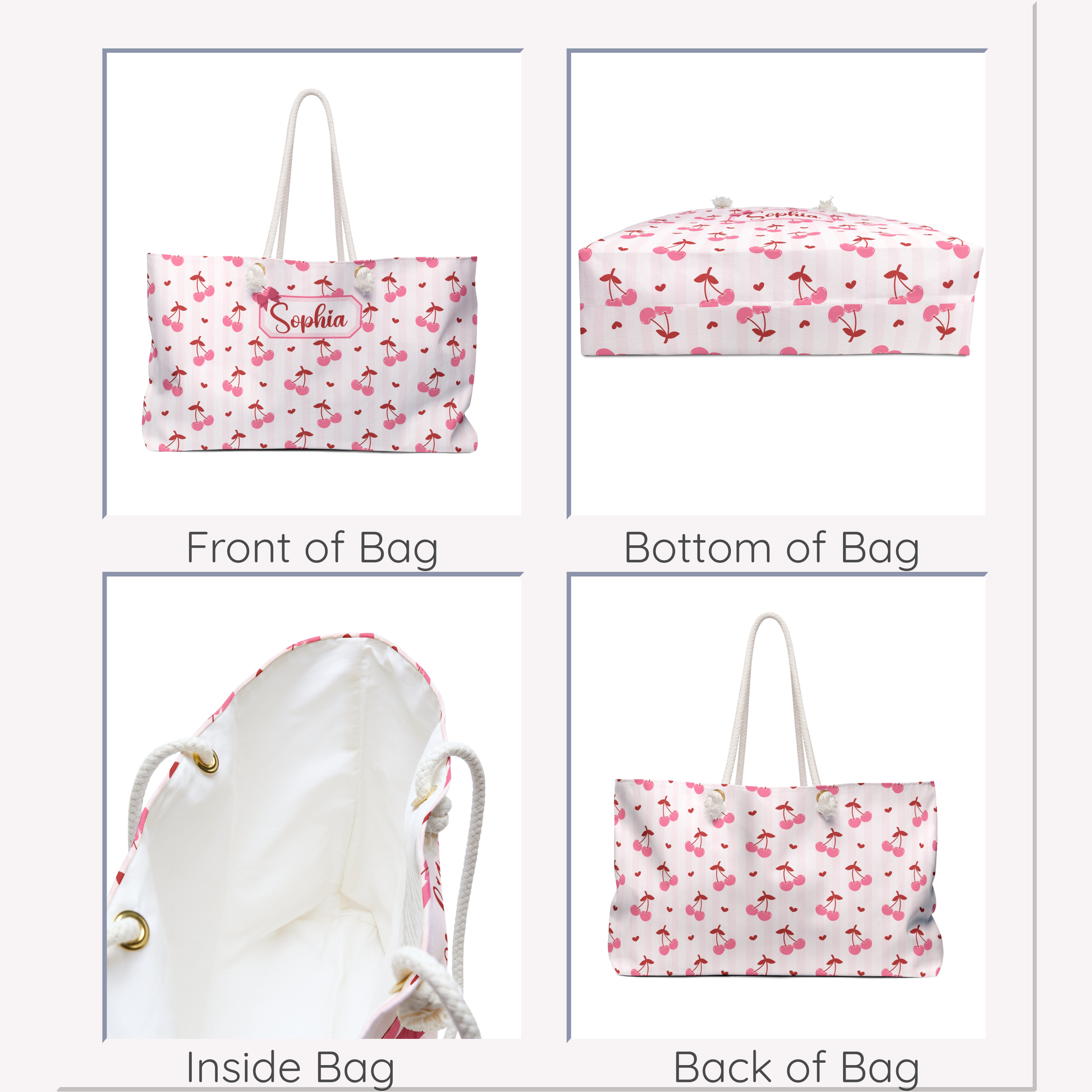 Collage featuring four different views of the personalized coquette cherry weekender bag, highlighting the custom name personalization, playful cherry design, spacious interior, and durable rope handles. This oversized travel tote is perfect for weekend getaways, beach vacations, girls trips, and everyday adventures, with plenty of room for clothing, shoes, and travel essentials. Its feminine coquette aesthetic and practical design make it a beautiful carry on bag, overnight tote, and thoughtful personalize