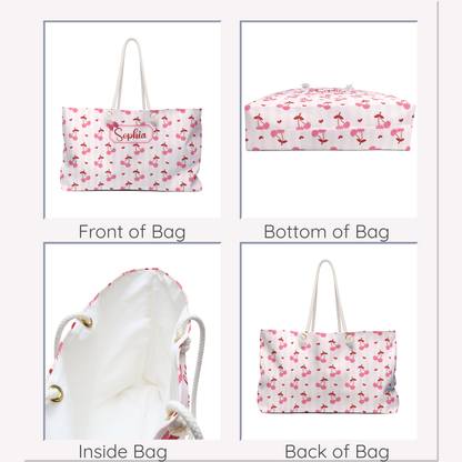Collage featuring four different views of the personalized coquette cherry weekender bag, highlighting the custom name personalization, playful cherry design, spacious interior, and durable rope handles. This oversized travel tote is perfect for weekend getaways, beach vacations, girls trips, and everyday adventures, with plenty of room for clothing, shoes, and travel essentials. Its feminine coquette aesthetic and practical design make it a beautiful carry on bag, overnight tote, and thoughtful personalize