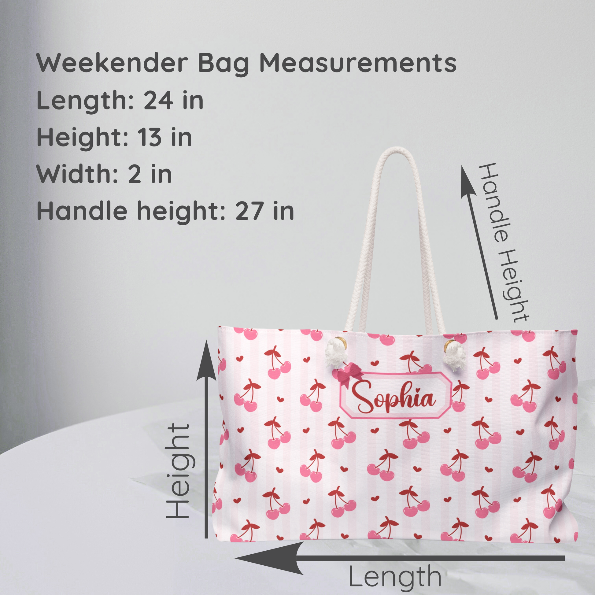 Dimension graphic for the personalized coquette cherry weekender bag showing the overall size and spacious design. This oversized travel tote offers ample room for clothing, shoes, toiletries, cosmetics, and everyday essentials, making it ideal for weekend getaways, beach vacations, girls trips, and carry on travel. Featuring a playful cherry pattern with custom name personalization, this stylish overnight bag combines a feminine coquette aesthetic with practical function and makes a thoughtful personalized