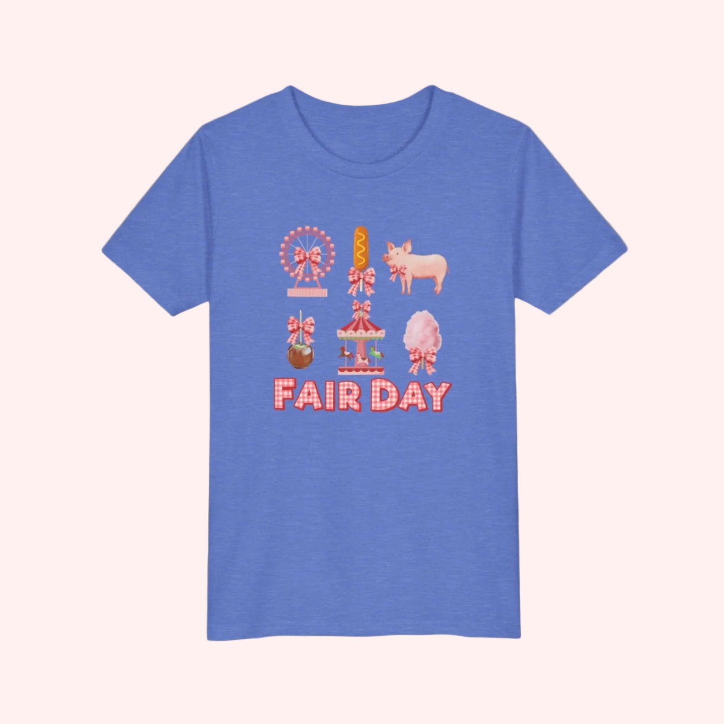 Playful Fair Day graphic tee with red and white gingham lettering and fair inspired images including a pig, Ferris wheel, caramel apple, and corndog. Available in toddler, girls, and women’s sizes.
