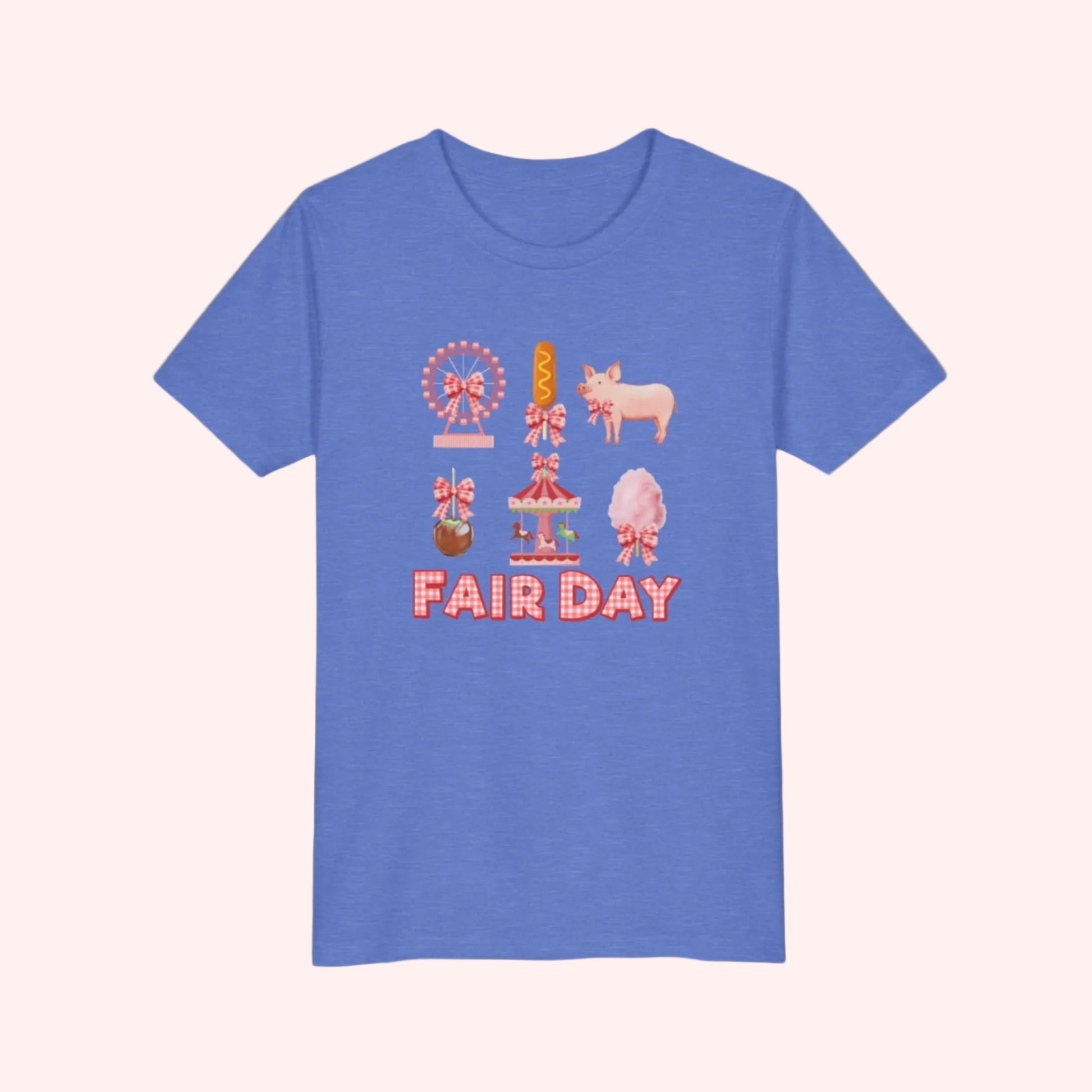 Playful Fair Day graphic tee with red and white gingham lettering and fair inspired images including a pig, Ferris wheel, caramel apple, and corndog. Available in toddler, girls, and women’s sizes.