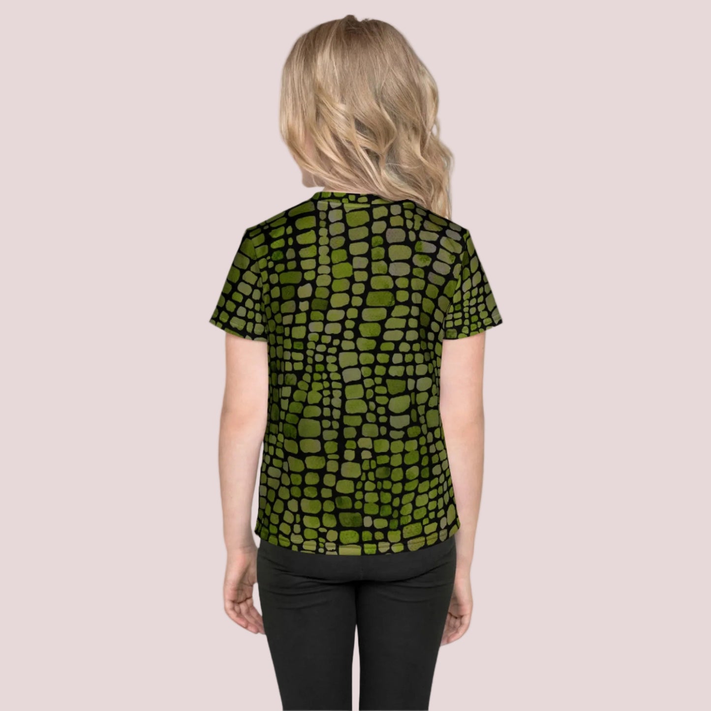 Vibrant green reptile scale toddler t-shirt in sizes 2T–7, perfect for kids’ snake, dinosaur, and lizard costumes. This unisex costume shirt features a bold all-over print that brings wild creatures to life. Ideal for imaginative dress-up, Halloween parties, or jungle-themed birthday events. Great for boys and girls who love animals, nature, and pretending to be their favorite reptiles.