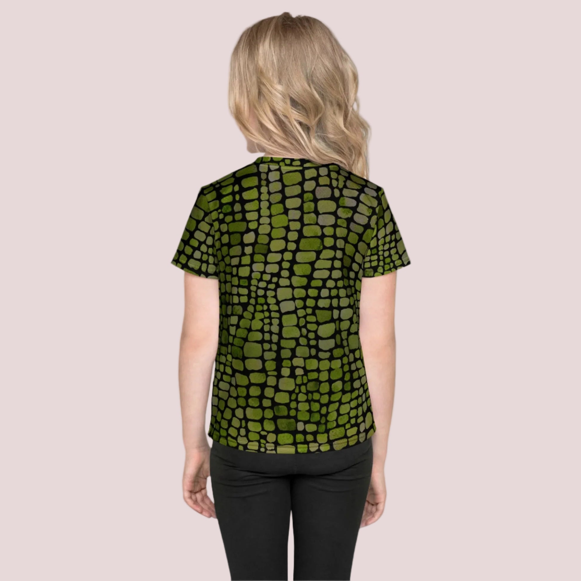 Vibrant green reptile scale toddler t-shirt in sizes 2T–7, perfect for kids’ snake, dinosaur, and lizard costumes. This unisex costume shirt features a bold all-over print that brings wild creatures to life. Ideal for imaginative dress-up, Halloween parties, or jungle-themed birthday events. Great for boys and girls who love animals, nature, and pretending to be their favorite reptiles.
