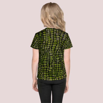 Vibrant green reptile scale toddler t-shirt in sizes 2T–7, perfect for kids’ snake, dinosaur, and lizard costumes. This unisex costume shirt features a bold all-over print that brings wild creatures to life. Ideal for imaginative dress-up, Halloween parties, or jungle-themed birthday events. Great for boys and girls who love animals, nature, and pretending to be their favorite reptiles.