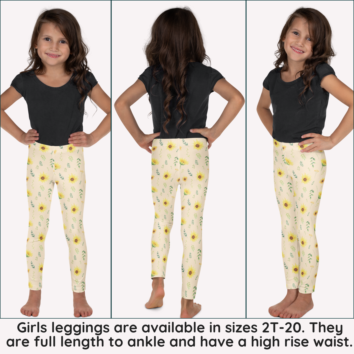 Girls leggings featuring bright yellow sunflower blooms surrounded by green leaves and delicate botanical stems on a soft cream background. The sunny floral design gives these wildflower leggings a cheerful garden inspired look that is easy to style with simple tops and casual shoes. The high rise full length design offers comfortable coverage while the stretchy fabric makes them practical for school, playtime, travel, outdoor adventures and everyday outfits.