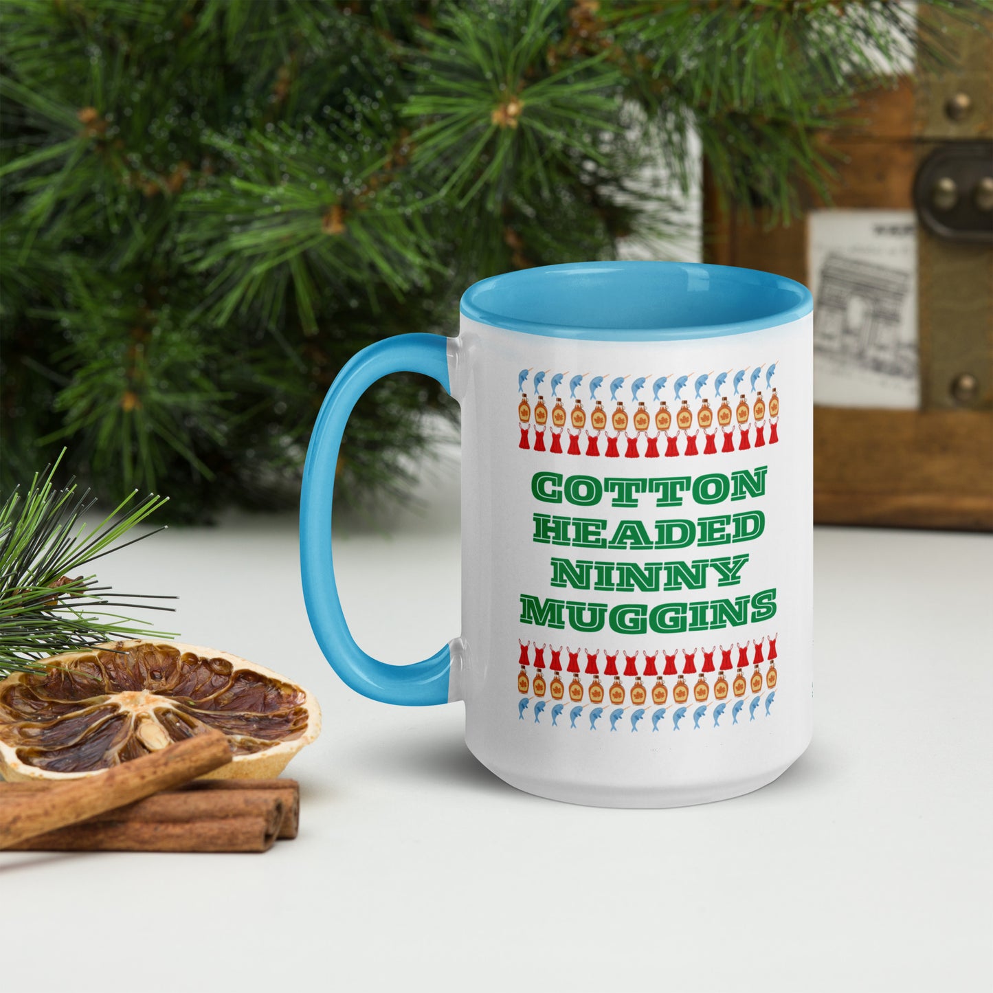 “Cotton Headed Ninny Muggins” mug in 15 oz size, featuring bold holiday text with a bright handle and interior. Perfect for fans of Elf and pop culture holiday gifts, this ceramic mug brings cheer to your morning coffee or evening cocoa. Ideal for festive gift giving, stocking stuffers, or cozy Christmas mornings. Dishwasher and microwave safe for everyday convenience.