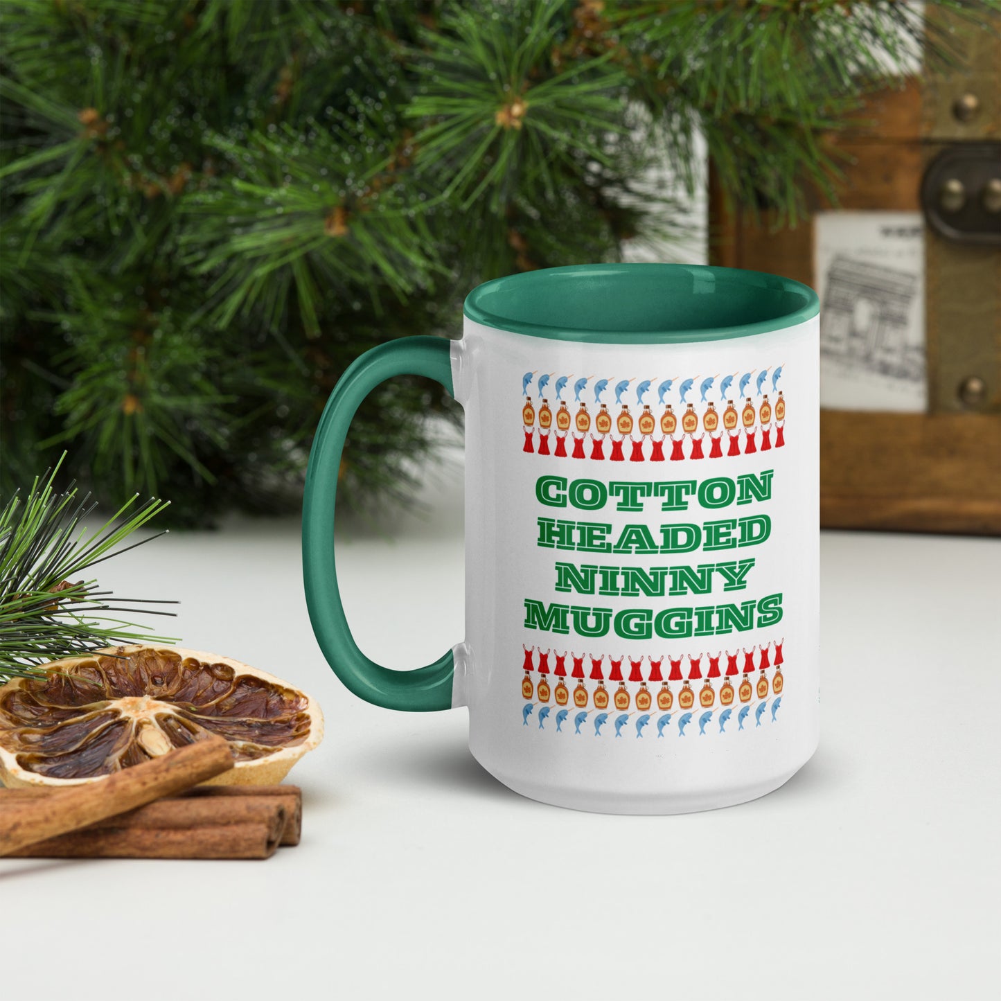 Funny 15 oz Christmas mug with “Cotton Headed Ninny Muggins” design, ideal for Elf fans and holiday coffee lovers. Features a colorful rim and handle, ceramic construction, and microwave/dishwasher safe durability. Makes the perfect quirky gift for Secret Santa, holiday brunch, or winter movie marathons with cocoa in hand.