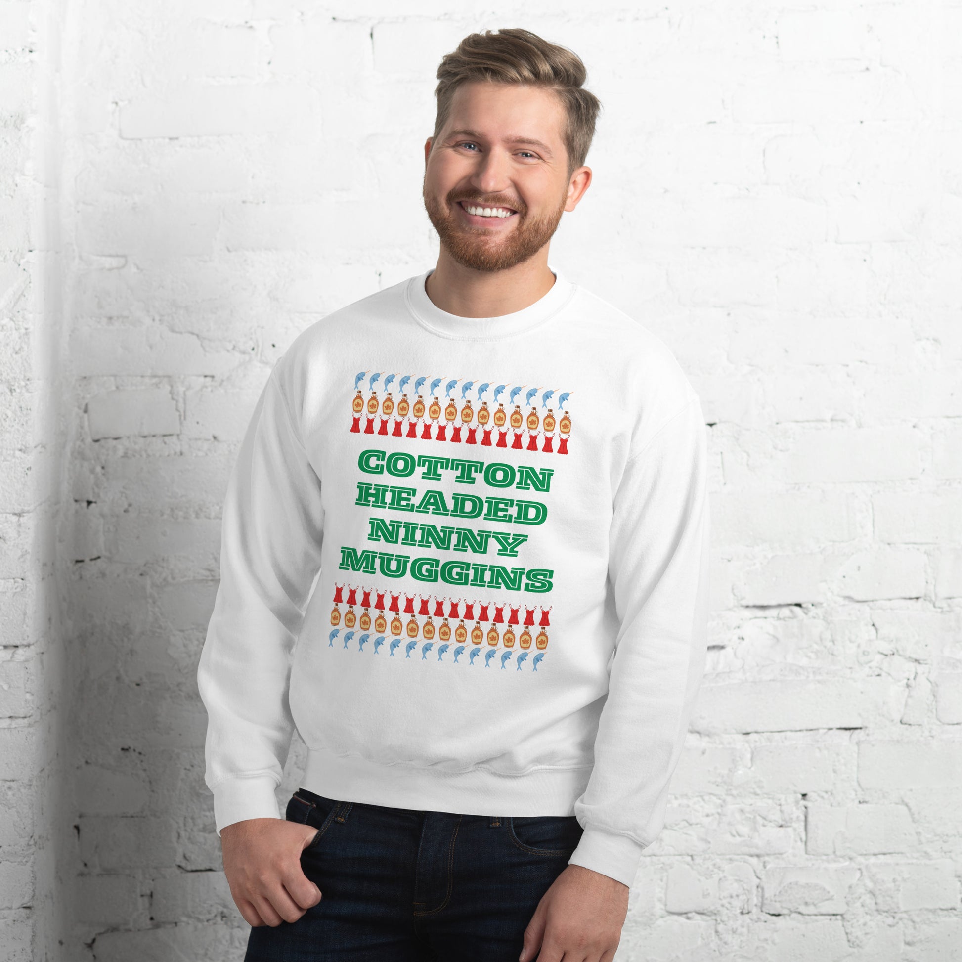 “Cotton Headed Ninny Muggins” sweatshirt in a cozy unisex style, perfect for fans of Elf and funny holiday apparel. Made from a soft cotton-poly blend with a relaxed fit, this Christmas crewneck is ideal for gift giving, winter lounging, or holiday movie nights. Its playful quote brings classic humor to your seasonal wardrobe and is sure to spark smiles.

