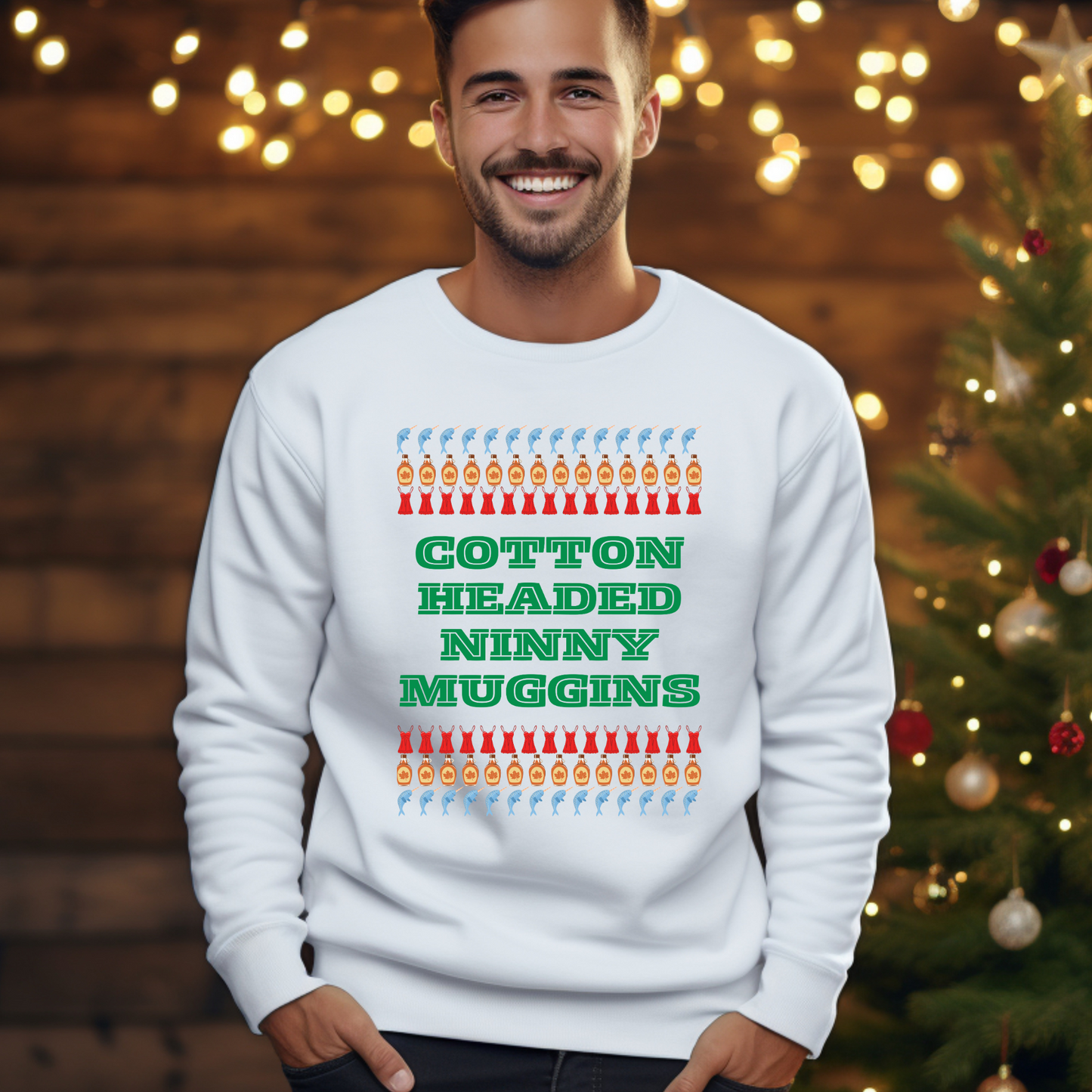 Funny Christmas sweatshirt featuring “Cotton Headed Ninny Muggins” quote from Elf. This unisex crewneck is made with a soft cotton-polyester blend and a relaxed fit, ideal for cozy winter mornings or holiday parties. Perfect gift for fans of Buddy the Elf or festive movie nights. This holiday sweatshirt adds humor and warmth to your Christmas wardrobe, office party, or family gathering.