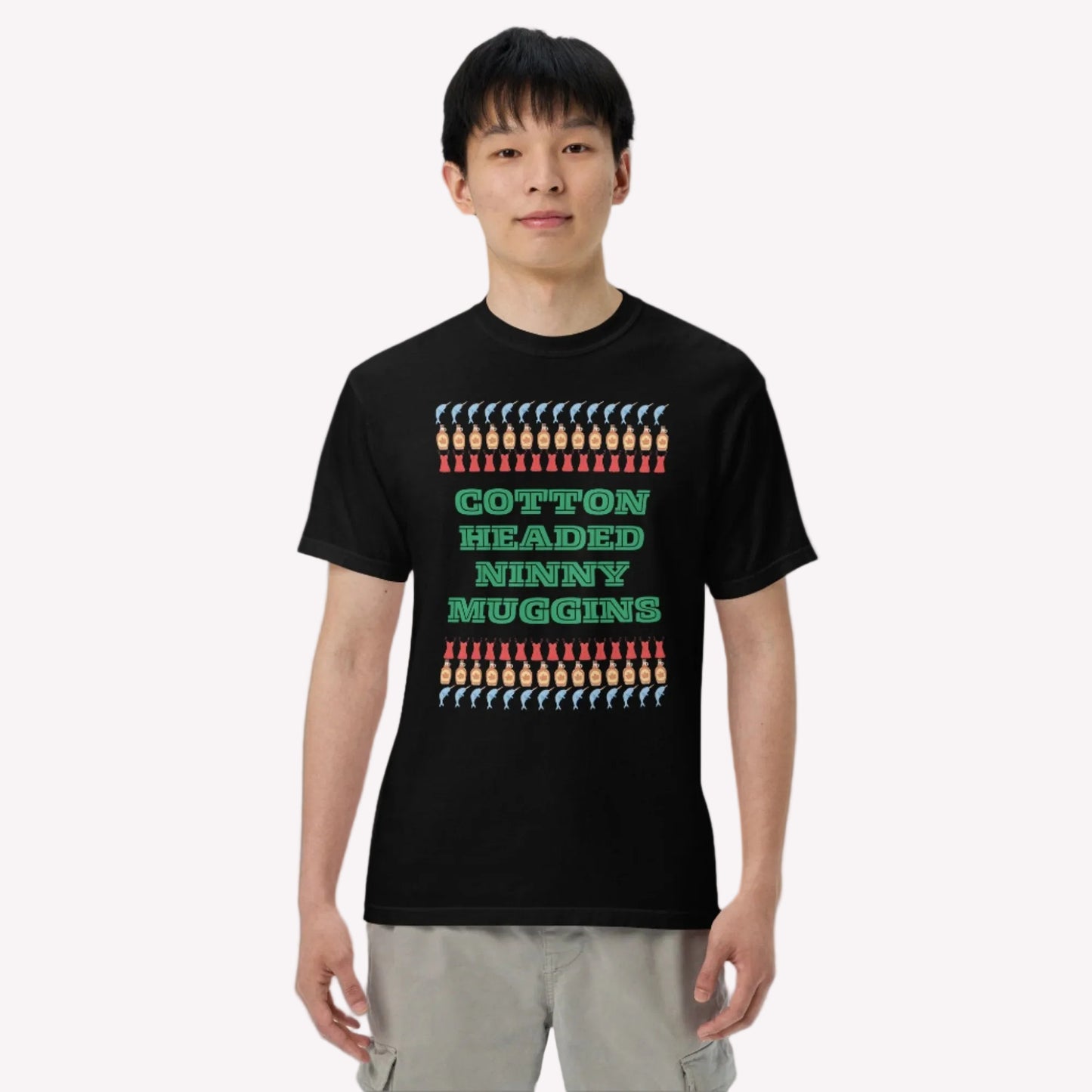 Cotton Headed Ninny Muggins T-Shirt - adult, men women holiday shirt for Elf Movie lovers in Black or white, features words “cotton headed ninny Muggins “ with narwhals, lingerie and maple syrup- all of Buddy the Elf’s favorite things- by jaecrece