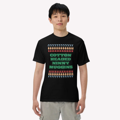 Cotton Headed Ninny Muggins T-Shirt - adult, men women holiday shirt for Elf Movie lovers in Black or white, features words “cotton headed ninny Muggins “ with narwhals, lingerie and maple syrup- all of Buddy the Elf’s favorite things- by jaecrece