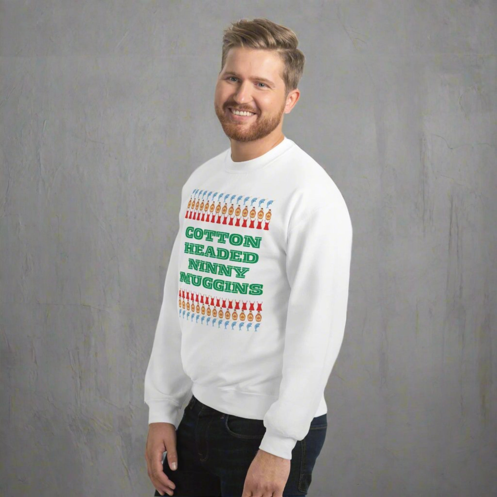 Cozy up in a Cotton Headed Ninny Muggins sweatshirt inspired by Elf. This soft unisex crewneck features a humorous holiday quote, making it a favorite for Christmas lovers and movie fans. Made from a cotton-poly blend for warmth and durability, it’s perfect for Secret Santa, holiday brunch, or lounging in festive comfort while watching your favorite seasonal films.