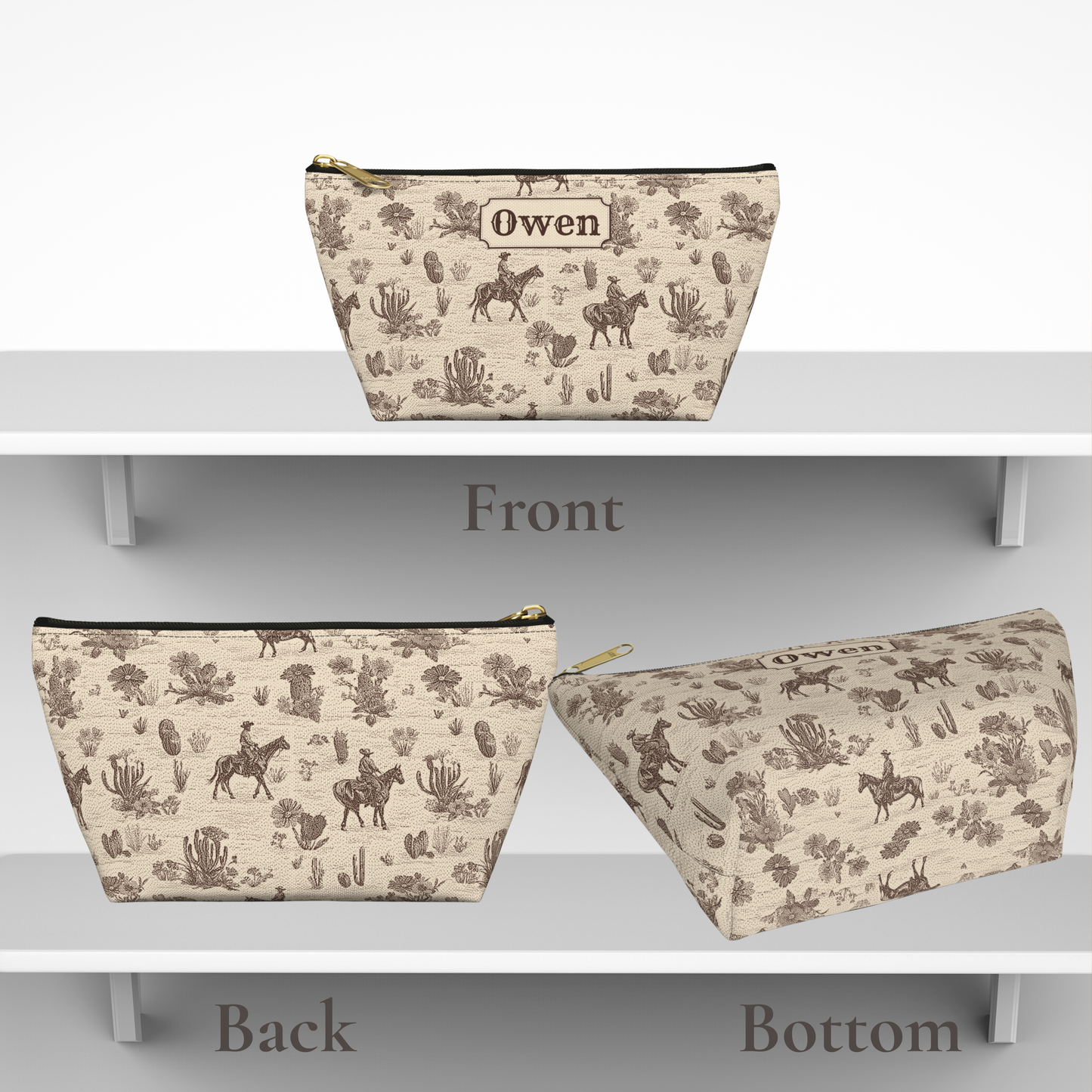 Vintage Western toiletry pouch personalized with a custom name and decorated with a detailed cowboy toile pattern. Brown Western illustrations contrast against a warm cream background with horseback riders, cacti and desert scenery. A practical travel organizer for toiletries, grooming supplies and small accessories.