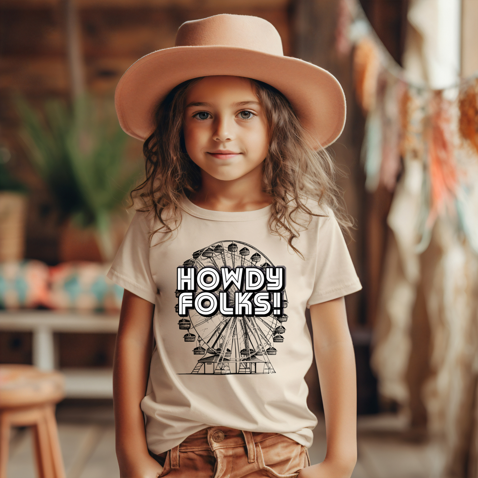Image: county fair t shirt with a bold ferris wheel and Howdy Folks, perfect for state and county fairs. This stylish and comfortable tee is great for carnival lovers, amusement park trips, and livestock show fans. Available in five colors and both adult and child sizes, making it ideal for family matching outfits. A great gift for anyone who loves state fairs in Texas, Iowa, or Minnesota and enjoys celebrating fair season, by jaecrece.