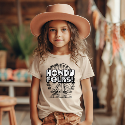 Image: county fair t shirt with a bold ferris wheel and Howdy Folks, perfect for state and county fairs. This stylish and comfortable tee is great for carnival lovers, amusement park trips, and livestock show fans. Available in five colors and both adult and child sizes, making it ideal for family matching outfits. A great gift for anyone who loves state fairs in Texas, Iowa, or Minnesota and enjoys celebrating fair season, by jaecrece.