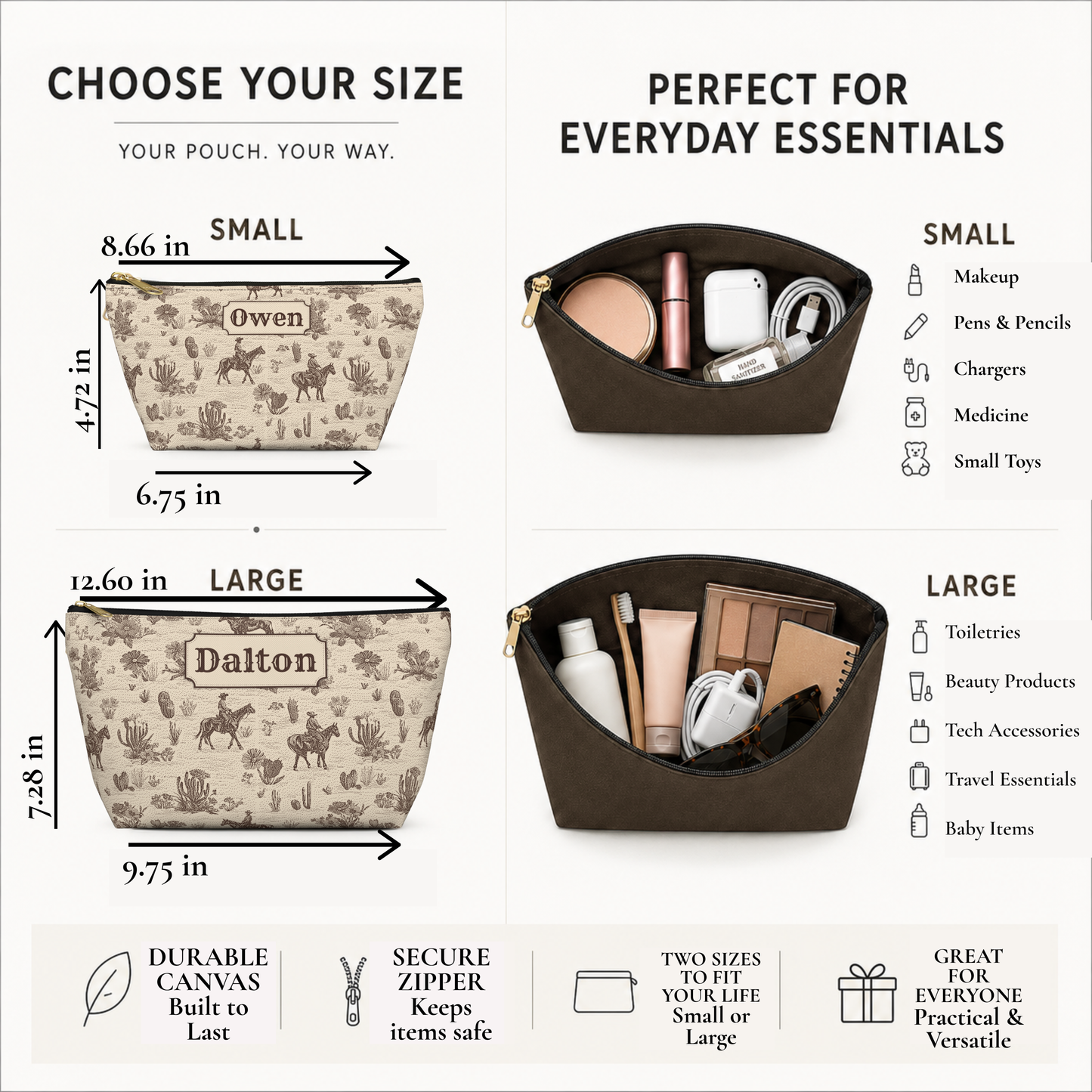 Brown and cream personalized cowboy toiletry bag with a vintage Western toile pattern and custom name label. The detailed print includes cowboys on horseback, desert vegetation and classic ranch imagery. A roomy Western travel pouch for toiletries, shaving supplies, cosmetics, chargers and everyday accessories.