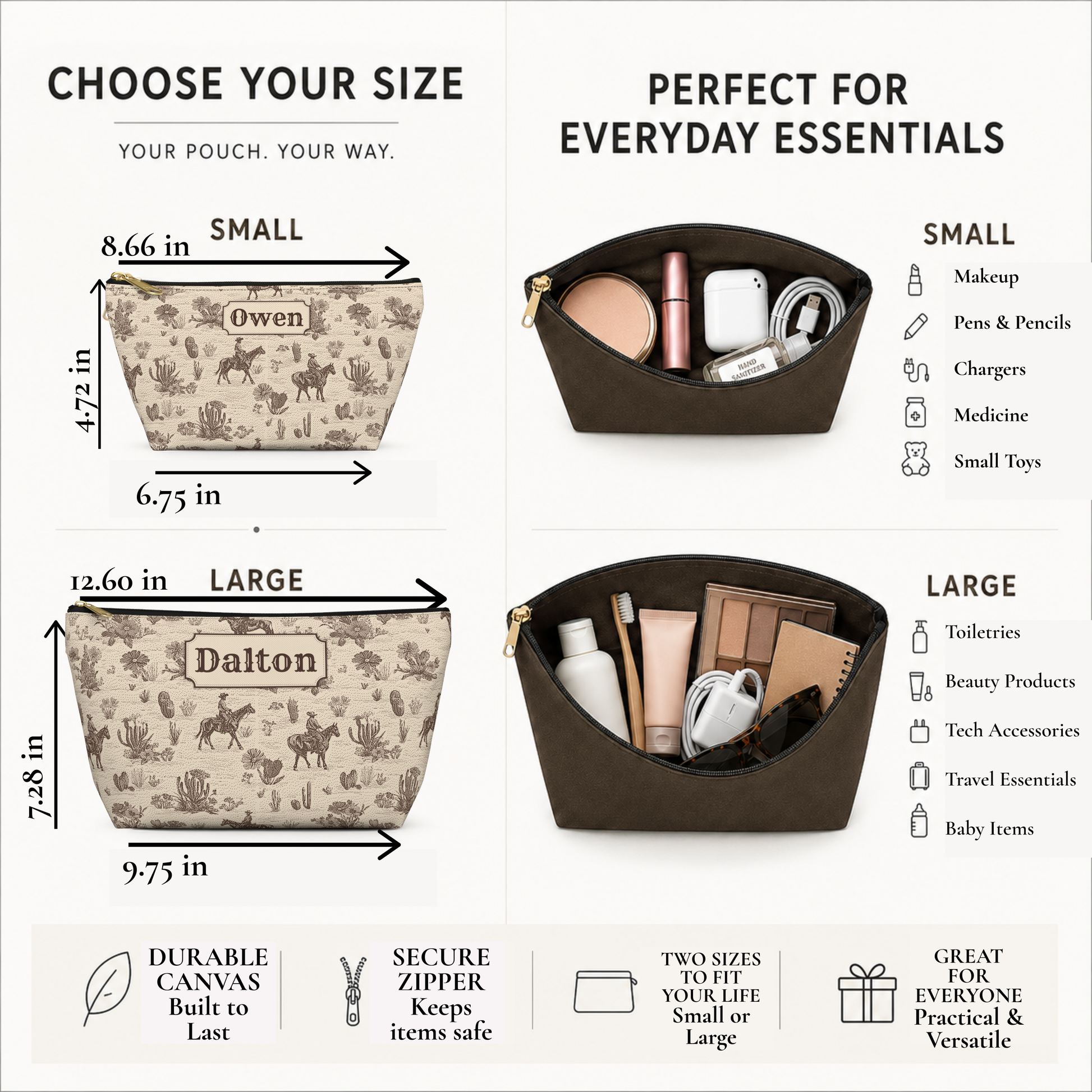 Brown and cream personalized cowboy toiletry bag with a vintage Western toile pattern and custom name label. The detailed print includes cowboys on horseback, desert vegetation and classic ranch imagery. A roomy Western travel pouch for toiletries, shaving supplies, cosmetics, chargers and everyday accessories.