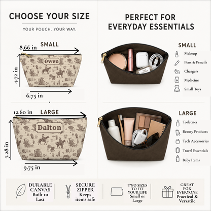 Brown and cream personalized cowboy toiletry bag with a vintage Western toile pattern and custom name label. The detailed print includes cowboys on horseback, desert vegetation and classic ranch imagery. A roomy Western travel pouch for toiletries, shaving supplies, cosmetics, chargers and everyday accessories.