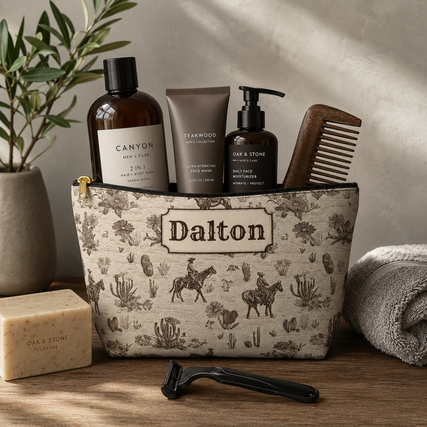 Custom Western toile travel pouch featuring a detailed brown and cream cowboy pattern with horses, horseback riders, cacti and vintage ranch inspired illustrations. The personalized accessory pouch has a structured T bottom and zipper closure, making it useful as a toiletry bag, grooming kit or travel organizer.