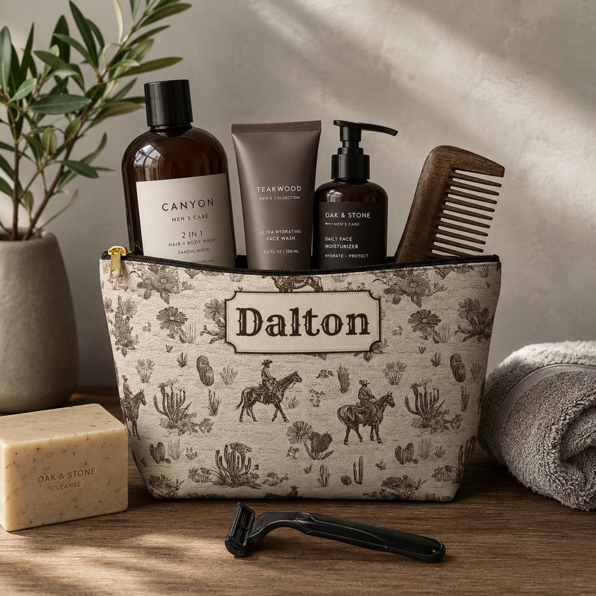 Custom Western toile travel pouch featuring a detailed brown and cream cowboy pattern with horses, horseback riders, cacti and vintage ranch inspired illustrations. The personalized accessory pouch has a structured T bottom and zipper closure, making it useful as a toiletry bag, grooming kit or travel organizer.