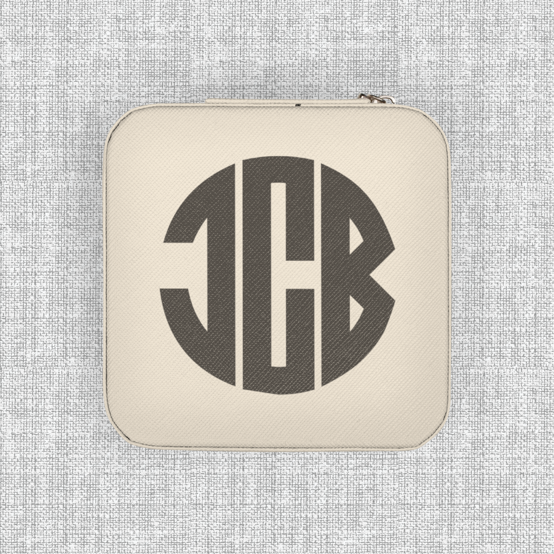 Cream personalized travel jewelry organizer with custom initials, stylish jewelry case for storing rings earrings necklaces and delicate pieces while traveling