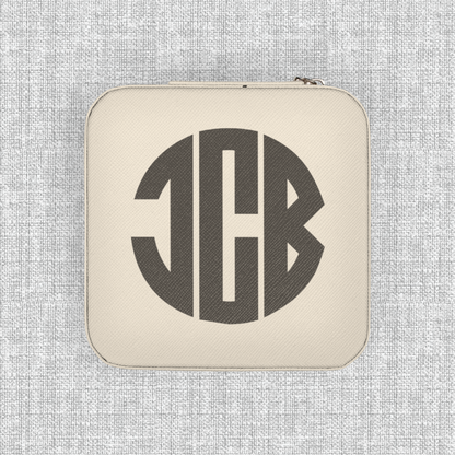 Cream personalized travel jewelry organizer with custom initials, stylish jewelry case for storing rings earrings necklaces and delicate pieces while traveling