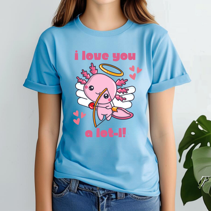 Ocean Blue Bella Canvas 3001 tshirt featuring the I Love You A Lot L Axolotl Cupid graphic with a sweet axolotl cupid and playful pun wording. Soft unisex tee available in adult sizes XS to 5XL and child sizes for matching family outfits. Ocean blue adds a bright fresh color that complements the whimsical design beautifully. Lightweight everyday shirt for Valentine parties, beach trips, vacations, casual weekends, school celebrations, or gifts for axolotl fans and pun lovers.