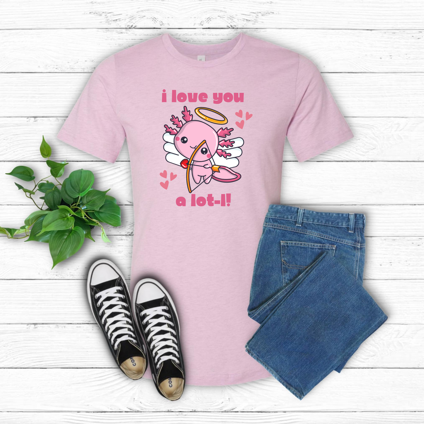 Show your love in style with this cute “I Love You A Lot-L” axolotl women’s shirt featuring a pink cupid axolotl and hearts. Made on Bella Canvas 3001 for comfort, this Valentine’s Day tee is available in XS–XL. Perfect for animal lovers, teachers, and women who enjoy playful, punny graphic tees. Makes a thoughtful Valentine’s gift for girlfriends or wives who adore axolotls. A sweet and quirky shirt for casual wear, parties, and celebrations.