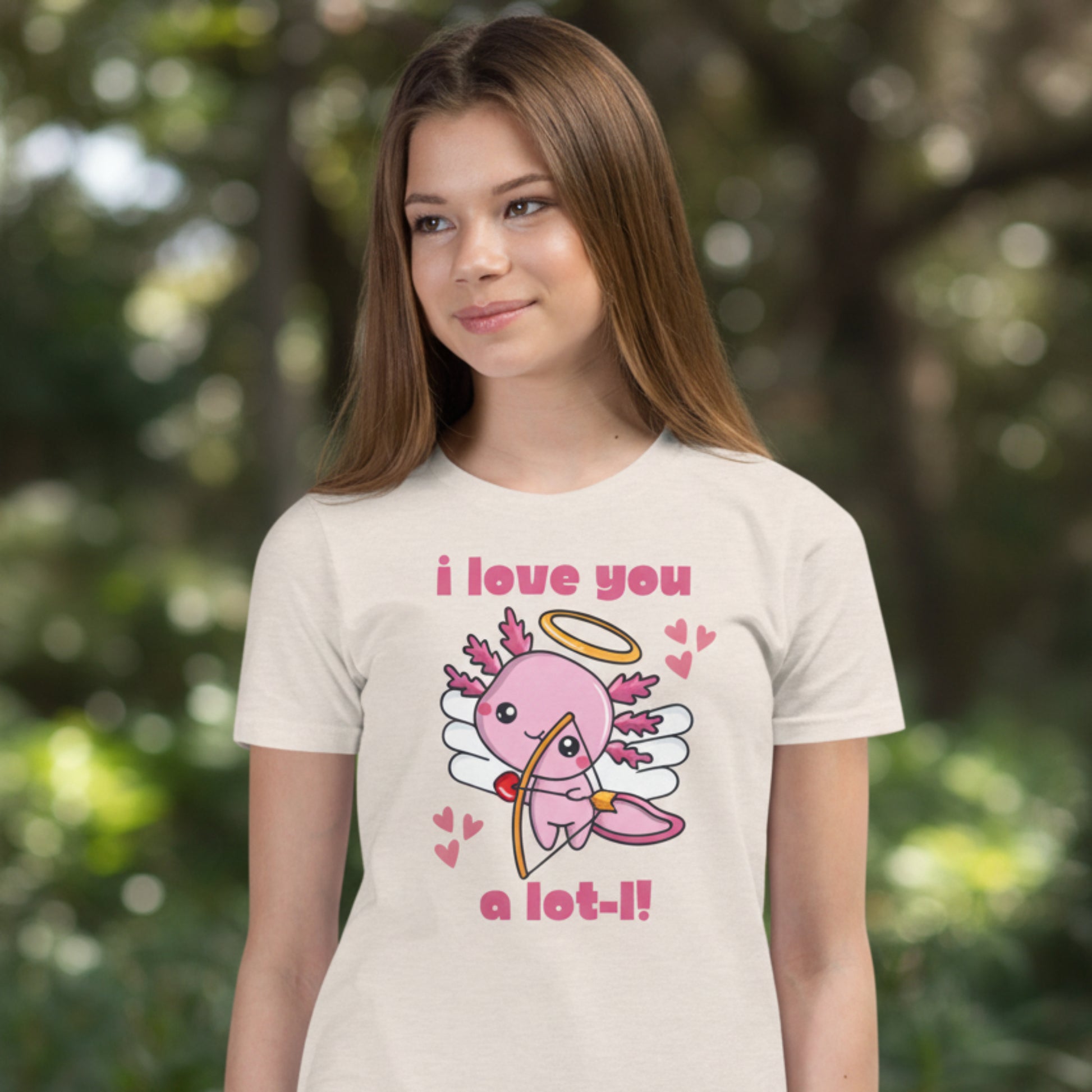 Cute kids axolotl T shirt featuring an adorable cupid axolotl and playful I Love You a Lotl design. Fun Valentine’s Day shirt for children, animal lovers, axolotl fans, classroom parties, Valentine celebrations, and everyday outfits.