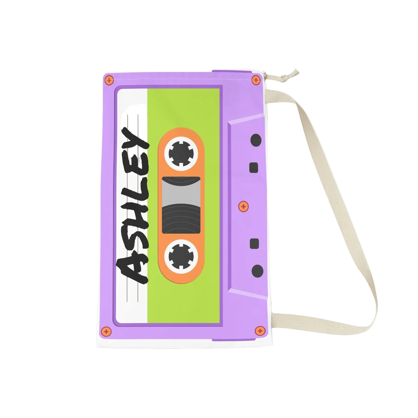 Purple personalized laundry bag covered in colorful cassette tape illustrations with a custom name displayed on the front. The spacious bag features a gathered drawstring closure and woven carrying strap. Retro inspired artwork gives the design a playful music themed appearance. Large capacity makes it useful for clothing, linens, towels, sleepaway camp packing, college dorm storage, or family travel organization.