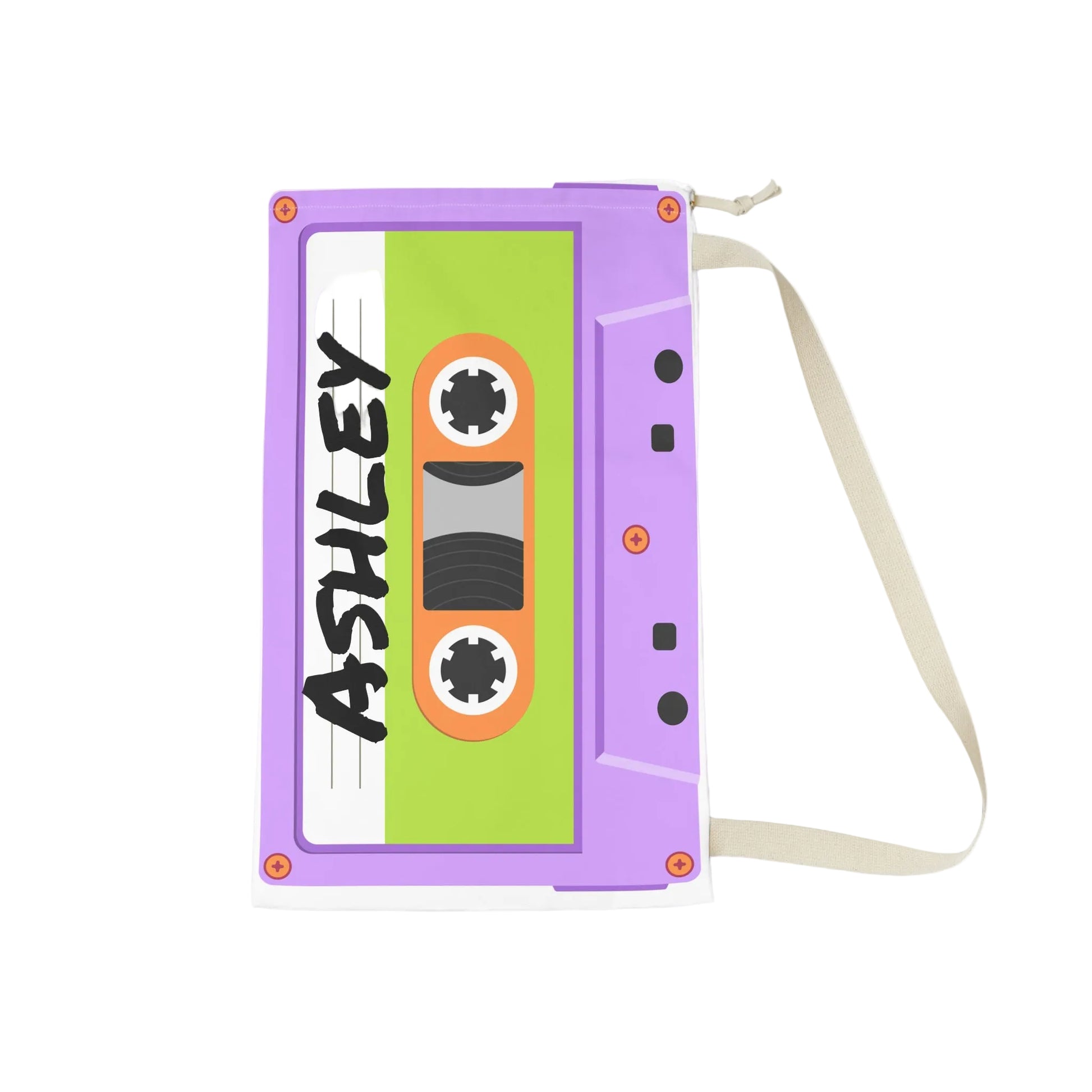 Purple personalized laundry bag covered in colorful cassette tape illustrations with a custom name displayed on the front. The spacious bag features a gathered drawstring closure and woven carrying strap. Retro inspired artwork gives the design a playful music themed appearance. Large capacity makes it useful for clothing, linens, towels, sleepaway camp packing, college dorm storage, or family travel organization.