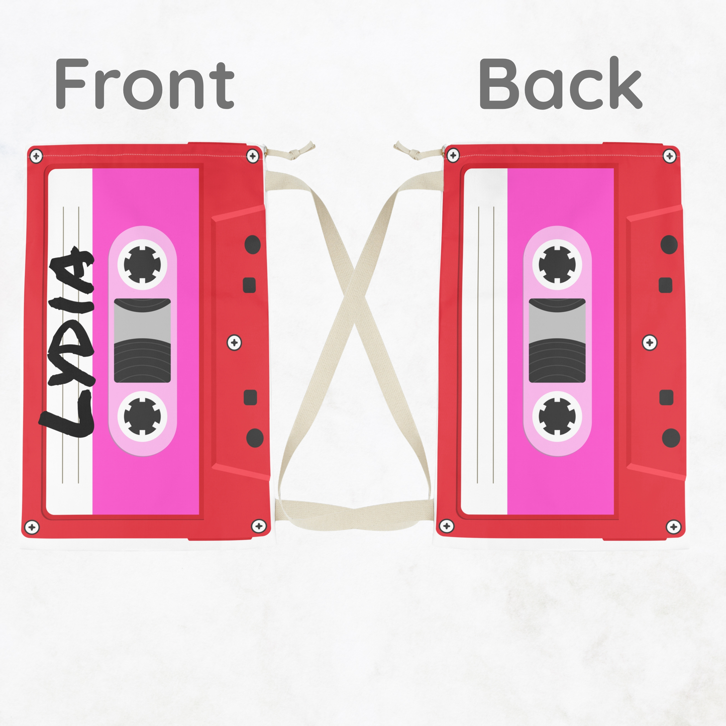 Retro themed laundry bag personalized with a custom name and decorated with vibrant cassette tape illustrations. The purple background highlights the colorful artwork, creating a fun and nostalgic look. Drawstring closure at the top provides simple access while helping keep items contained. Generous storage capacity makes this bag useful for collecting laundry, organizing bedding, transporting towels, or preparing for camp, college, vacations, and overnight stays.