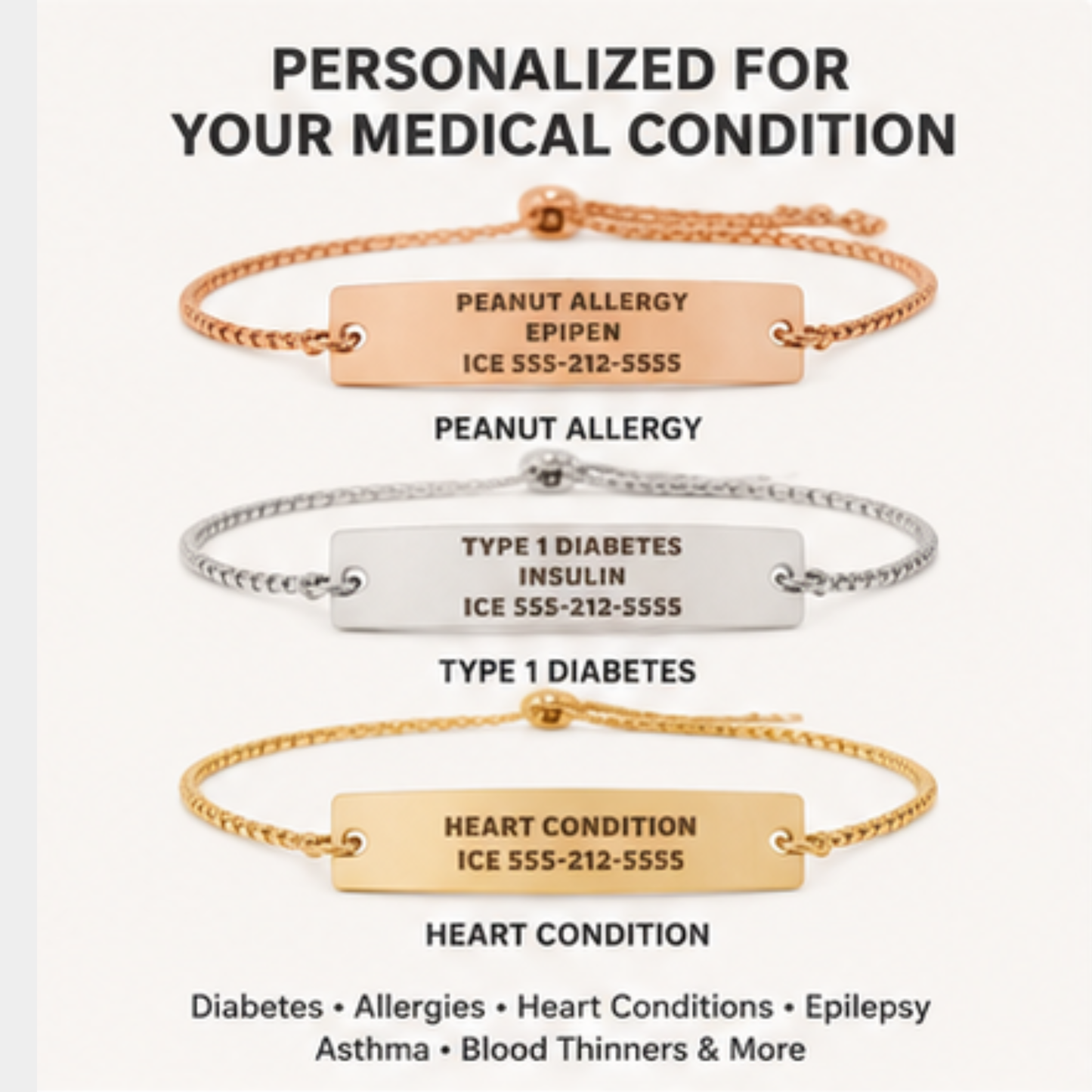 Flat lay of personalized medical alert bracelets in rose gold, gold, and silver with the message Personalized for Your Medical Condition. Custom engraved medical ID bracelets for allergies, diabetes, heart conditions, and more.