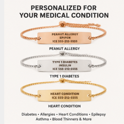 Flat lay of personalized medical alert bracelets in rose gold, gold, and silver with the message Personalized for Your Medical Condition. Custom engraved medical ID bracelets for allergies, diabetes, heart conditions, and more.