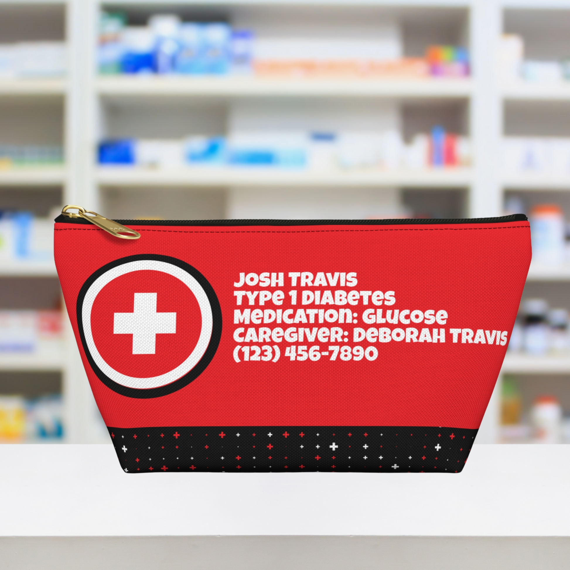 Custom medical alert bag personalized for children or adults with allergies, asthma, Type 1 diabetes, epilepsy, adrenal insufficiency, and other chronic medical conditions. Spacious zippered pouch keeps emergency medications, medical cards, caregiver contact information, first aid supplies, vitamins, supplements, and travel medicine organized for home, school, camp, sports, vacations, and everyday use.