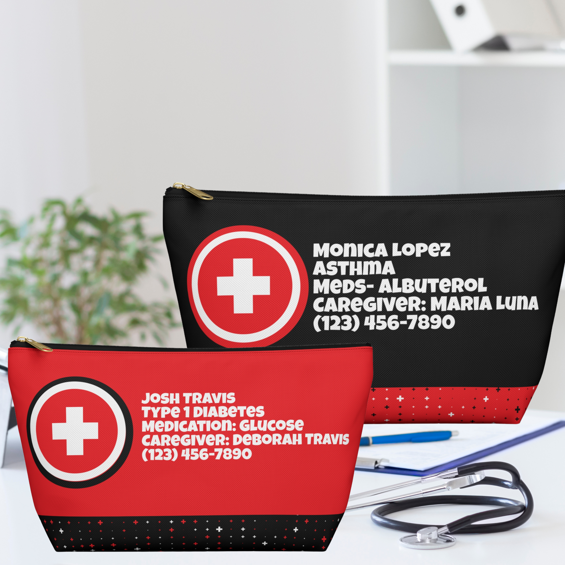 Personalized first aid and medical supply pouch with custom printed name, emergency contact, and medical condition. Black zipper with gold pull secures medications, bandages, glucose supplies, inhalers, EpiPen, glucagon, supplements, vitamins, and wellness essentials. Ideal for family first aid kits, diaper bags, backpacks, gym bags, car emergency kits, travel, camping, and outdoor adventures.