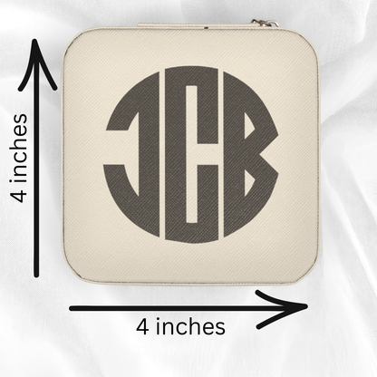 Personalized travel jewelry boxes in five colors including cream brown soft gold Tiffany blue and pink with custom monogram details. Measurement is 4 inches wide and 4 inches long. 