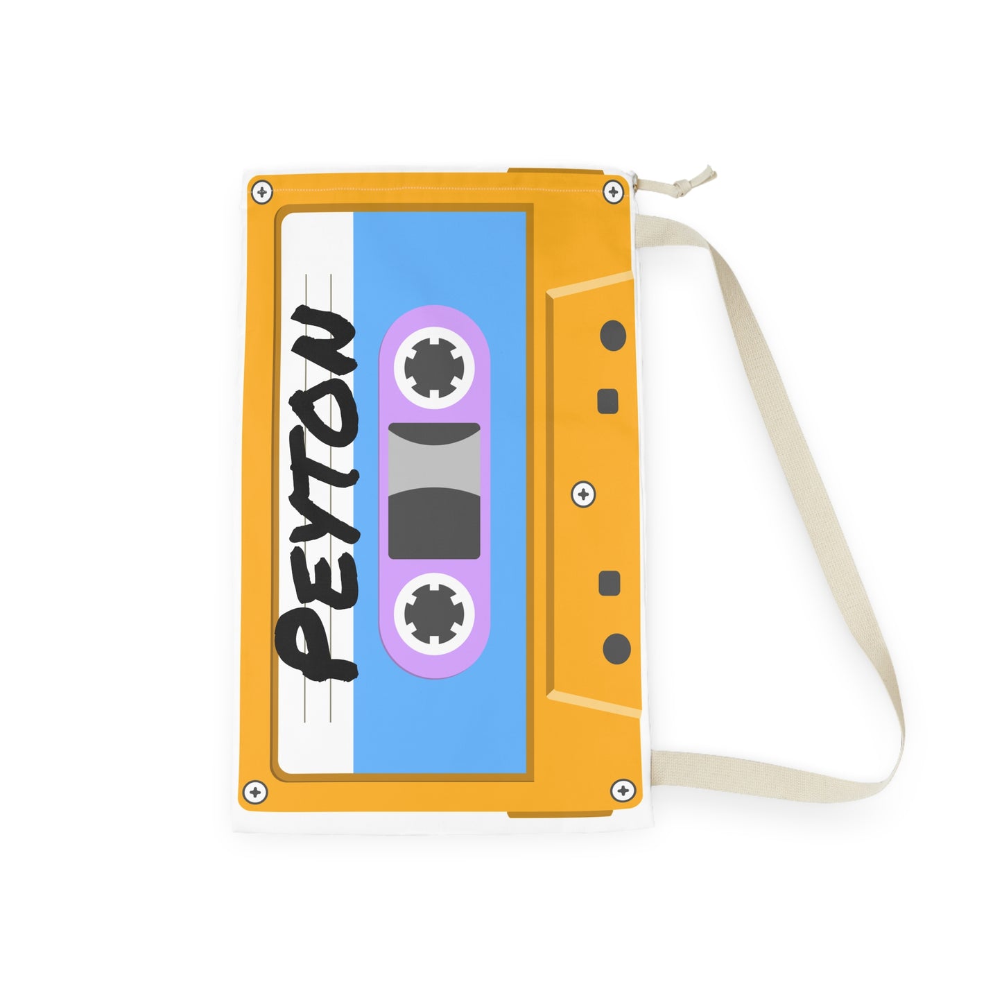 Custom orange laundry sack decorated with a vibrant cassette tape print and personalized name. The roomy 18 x 29 inch bag includes a secure drawstring top and sturdy shoulder strap for carrying clothes between bedroom, dorm room, camp cabin, or laundromat. Bright retro graphics create a fun nostalgic look while the lightweight fabric maintains its shape. Perfect for keeping dirty laundry organized and easy to transport.